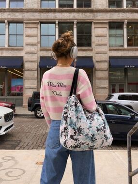 Indigo Floral Hobo Tote Bag Lightweight Polyester Shoulder Carryall OS